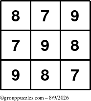 The grouppuzzles.com Answer grid for the TicTac-789 puzzle for Sunday August 9, 2026