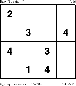The grouppuzzles.com Easy Sudoku-4 puzzle for Sunday August 9, 2026