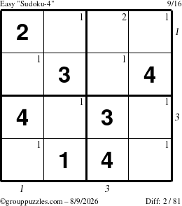 The grouppuzzles.com Easy Sudoku-4 puzzle for Sunday August 9, 2026 with all 2 steps marked