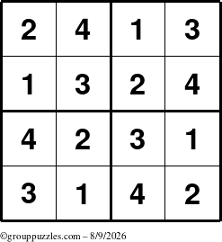 The grouppuzzles.com Answer grid for the Sudoku-4 puzzle for Sunday August 9, 2026