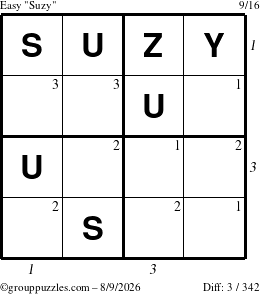 The grouppuzzles.com Easy Suzy puzzle for Sunday August 9, 2026 with all 3 steps marked