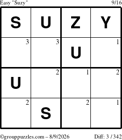 The grouppuzzles.com Easy Suzy puzzle for Sunday August 9, 2026 with the first 3 steps marked