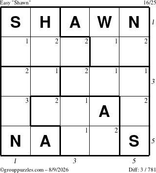 The grouppuzzles.com Easy Shawn puzzle for Sunday August 9, 2026, suitable for printing, with all 3 steps marked