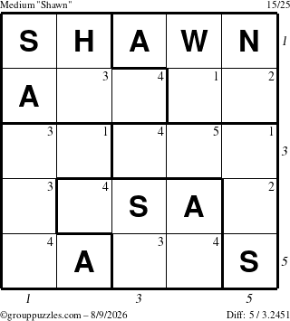 The grouppuzzles.com Medium Shawn puzzle for Sunday August 9, 2026 with all 5 steps marked