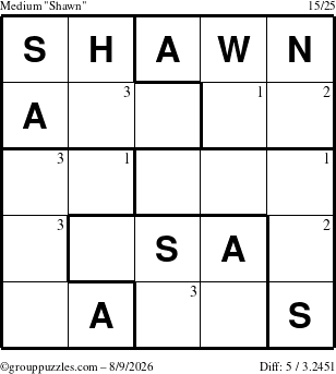 The grouppuzzles.com Medium Shawn puzzle for Sunday August 9, 2026 with the first 3 steps marked