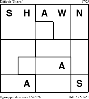 The grouppuzzles.com Difficult Shawn puzzle for Sunday August 9, 2026
