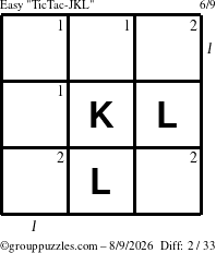 The grouppuzzles.com Easy TicTac-JKL puzzle for Sunday August 9, 2026, suitable for printing, with all 2 steps marked