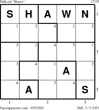 The grouppuzzles.com Difficult Shawn puzzle for Sunday August 9, 2026, suitable for printing, with all 5 steps marked