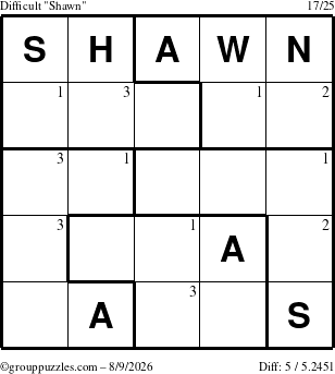 The grouppuzzles.com Difficult Shawn puzzle for Sunday August 9, 2026 with the first 3 steps marked