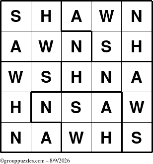 The grouppuzzles.com Answer grid for the Shawn puzzle for Sunday August 9, 2026