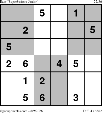 The grouppuzzles.com Easy SuperSudoku-Junior puzzle for Sunday August 9, 2026