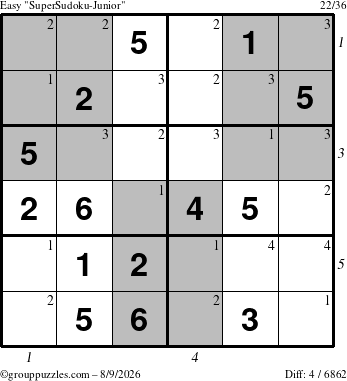 The grouppuzzles.com Easy SuperSudoku-Junior puzzle for Sunday August 9, 2026, suitable for printing, with all 4 steps marked