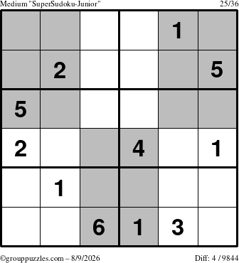 The grouppuzzles.com Medium SuperSudoku-Junior puzzle for Sunday August 9, 2026
