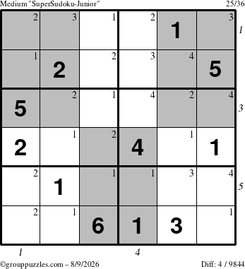The grouppuzzles.com Medium SuperSudoku-Junior puzzle for Sunday August 9, 2026 with all 4 steps marked