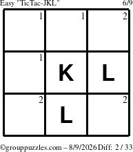 The grouppuzzles.com Easy TicTac-JKL puzzle for Sunday August 9, 2026 with the first 2 steps marked