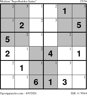 The grouppuzzles.com Medium SuperSudoku-Junior puzzle for Sunday August 9, 2026 with the first 3 steps marked