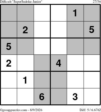 The grouppuzzles.com Difficult SuperSudoku-Junior puzzle for Sunday August 9, 2026