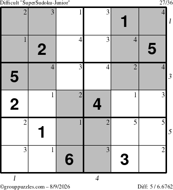 The grouppuzzles.com Difficult SuperSudoku-Junior puzzle for Sunday August 9, 2026, suitable for printing, with all 5 steps marked