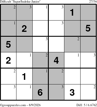 The grouppuzzles.com Difficult SuperSudoku-Junior puzzle for Sunday August 9, 2026 with the first 3 steps marked