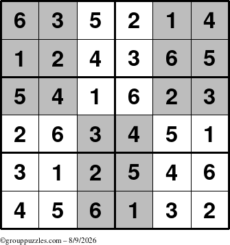 The grouppuzzles.com Answer grid for the SuperSudoku-Junior puzzle for Sunday August 9, 2026