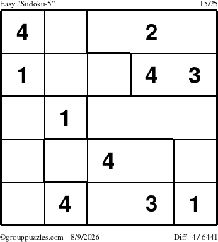 The grouppuzzles.com Easy Sudoku-5 puzzle for Sunday August 9, 2026