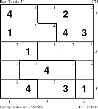 The grouppuzzles.com Easy Sudoku-5 puzzle for Sunday August 9, 2026 with all 4 steps marked