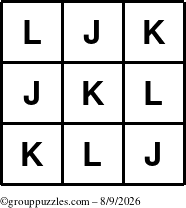 The grouppuzzles.com Answer grid for the TicTac-JKL puzzle for Sunday August 9, 2026