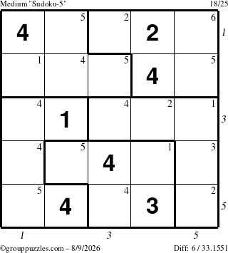 The grouppuzzles.com Medium Sudoku-5 puzzle for Sunday August 9, 2026 with all 6 steps marked