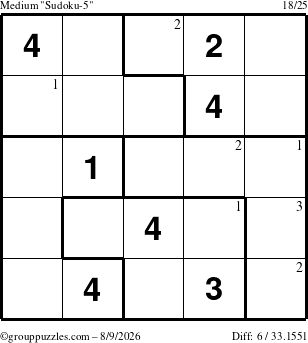 The grouppuzzles.com Medium Sudoku-5 puzzle for Sunday August 9, 2026 with the first 3 steps marked