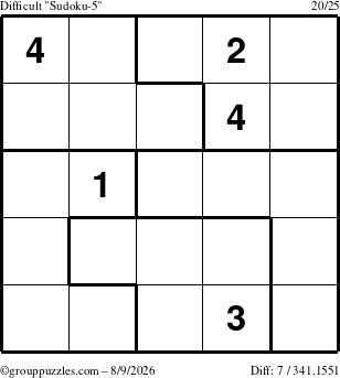 The grouppuzzles.com Difficult Sudoku-5 puzzle for Sunday August 9, 2026