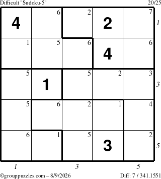 The grouppuzzles.com Difficult Sudoku-5 puzzle for Sunday August 9, 2026 with all 7 steps marked