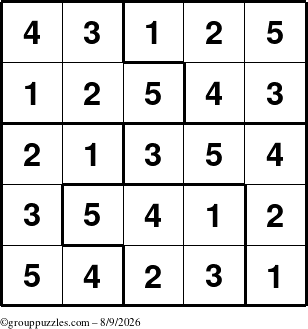 The grouppuzzles.com Answer grid for the Sudoku-5 puzzle for Sunday August 9, 2026