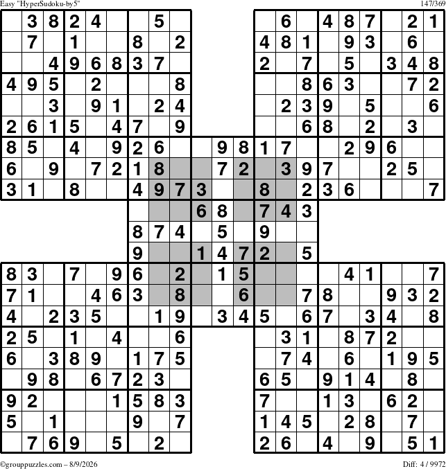 The grouppuzzles.com Easy HyperSudoku-by5 puzzle for Sunday August 9, 2026