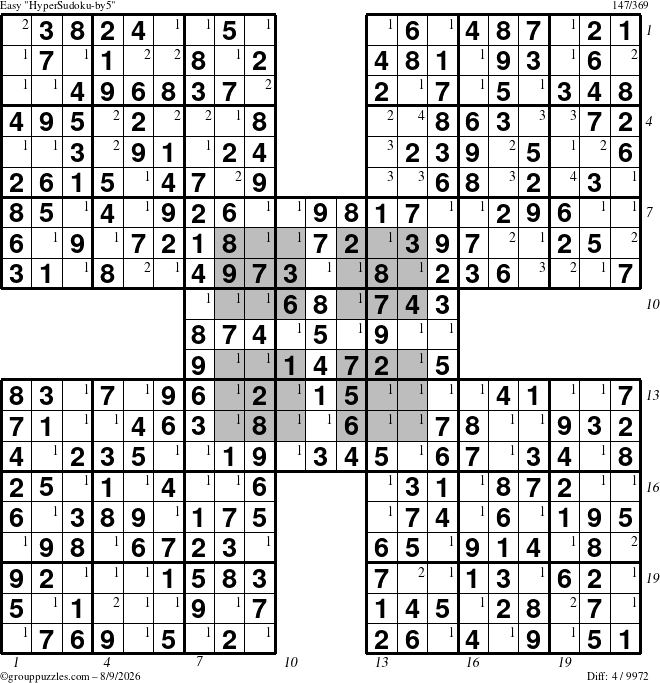 The grouppuzzles.com Easy HyperSudoku-by5 puzzle for Sunday August 9, 2026 with all 4 steps marked