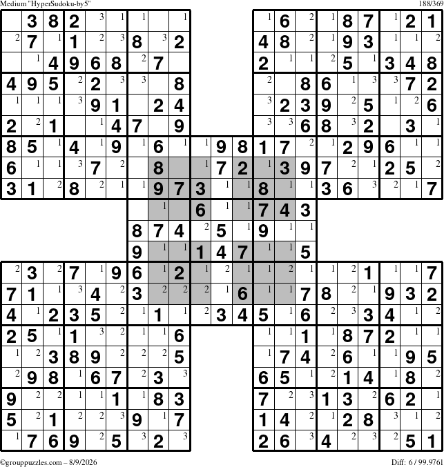 The grouppuzzles.com Medium HyperSudoku-by5 puzzle for Sunday August 9, 2026 with the first 3 steps marked