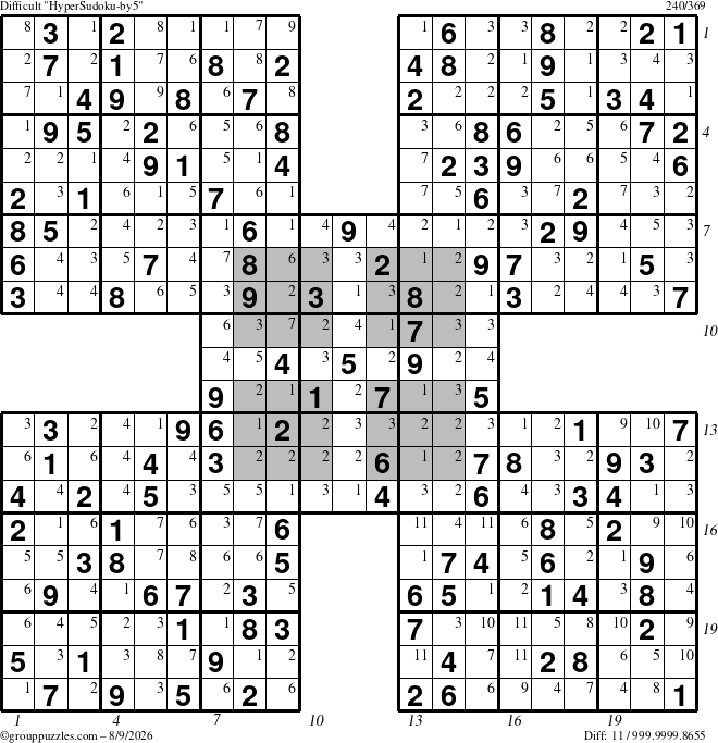 The grouppuzzles.com Difficult HyperSudoku-by5 puzzle for Sunday August 9, 2026 with all 11 steps marked