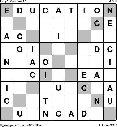The grouppuzzles.com Easy Education-X puzzle for Sunday August 9, 2026