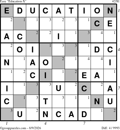 The grouppuzzles.com Easy Education-X puzzle for Sunday August 9, 2026 with all 4 steps marked