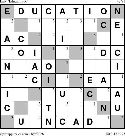 The grouppuzzles.com Easy Education-X puzzle for Sunday August 9, 2026 with the first 3 steps marked