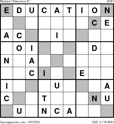The grouppuzzles.com Medium Education-X puzzle for Sunday August 9, 2026