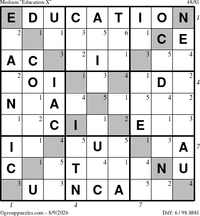 The grouppuzzles.com Medium Education-X puzzle for Sunday August 9, 2026 with all 6 steps marked