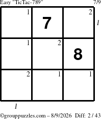 The grouppuzzles.com Easy TicTac-789 puzzle for Sunday August 9, 2026, suitable for printing, with all 2 steps marked