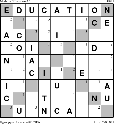 The grouppuzzles.com Medium Education-X puzzle for Sunday August 9, 2026 with the first 3 steps marked