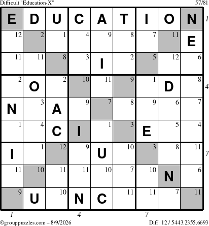The grouppuzzles.com Difficult Education-X puzzle for Sunday August 9, 2026 with all 12 steps marked