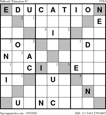 The grouppuzzles.com Difficult Education-X puzzle for Sunday August 9, 2026 with the first 3 steps marked