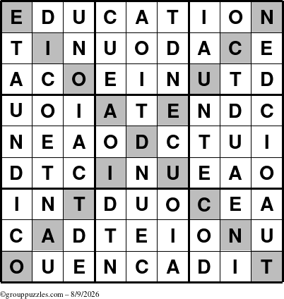 The grouppuzzles.com Answer grid for the Education-X puzzle for Sunday August 9, 2026