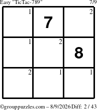 The grouppuzzles.com Easy TicTac-789 puzzle for Sunday August 9, 2026 with the first 2 steps marked