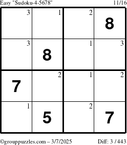 The grouppuzzles.com Easy Sudoku-4-5678 puzzle for Friday March 7, 2025 with the first 3 steps marked