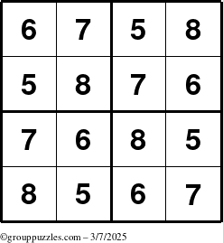 The grouppuzzles.com Answer grid for the Sudoku-4-5678 puzzle for Friday March 7, 2025