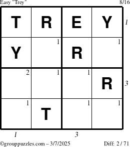 The grouppuzzles.com Easy Trey puzzle for Friday March 7, 2025 with all 2 steps marked